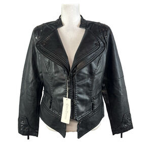 Chou Yatou Women's Black Faux Leather Studded Moto Biker Jacket sz Large Pockets